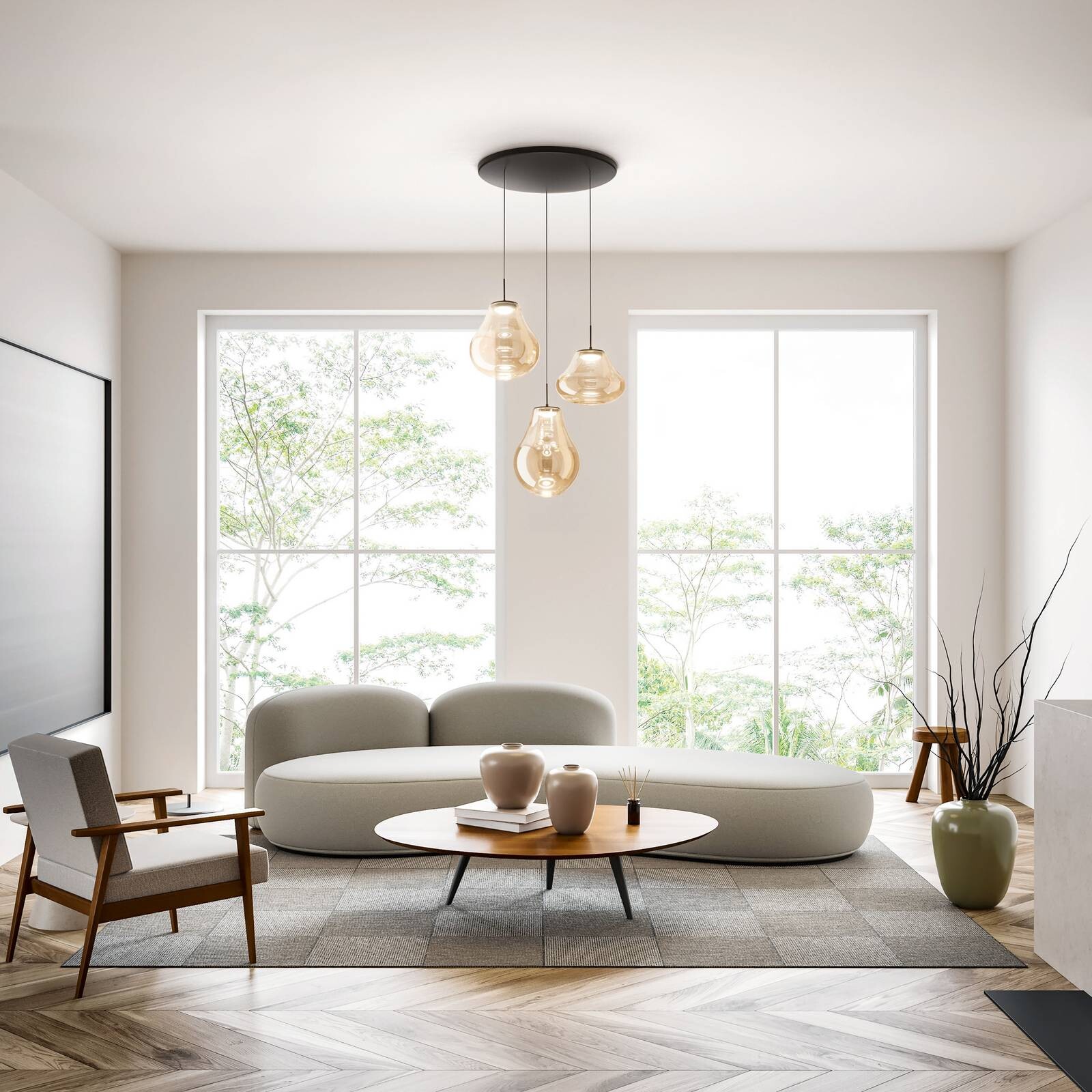 LED závesné svietidlo Deva, 3-pl., Ø 50 cm, jantárové, CCT, stmievateľné