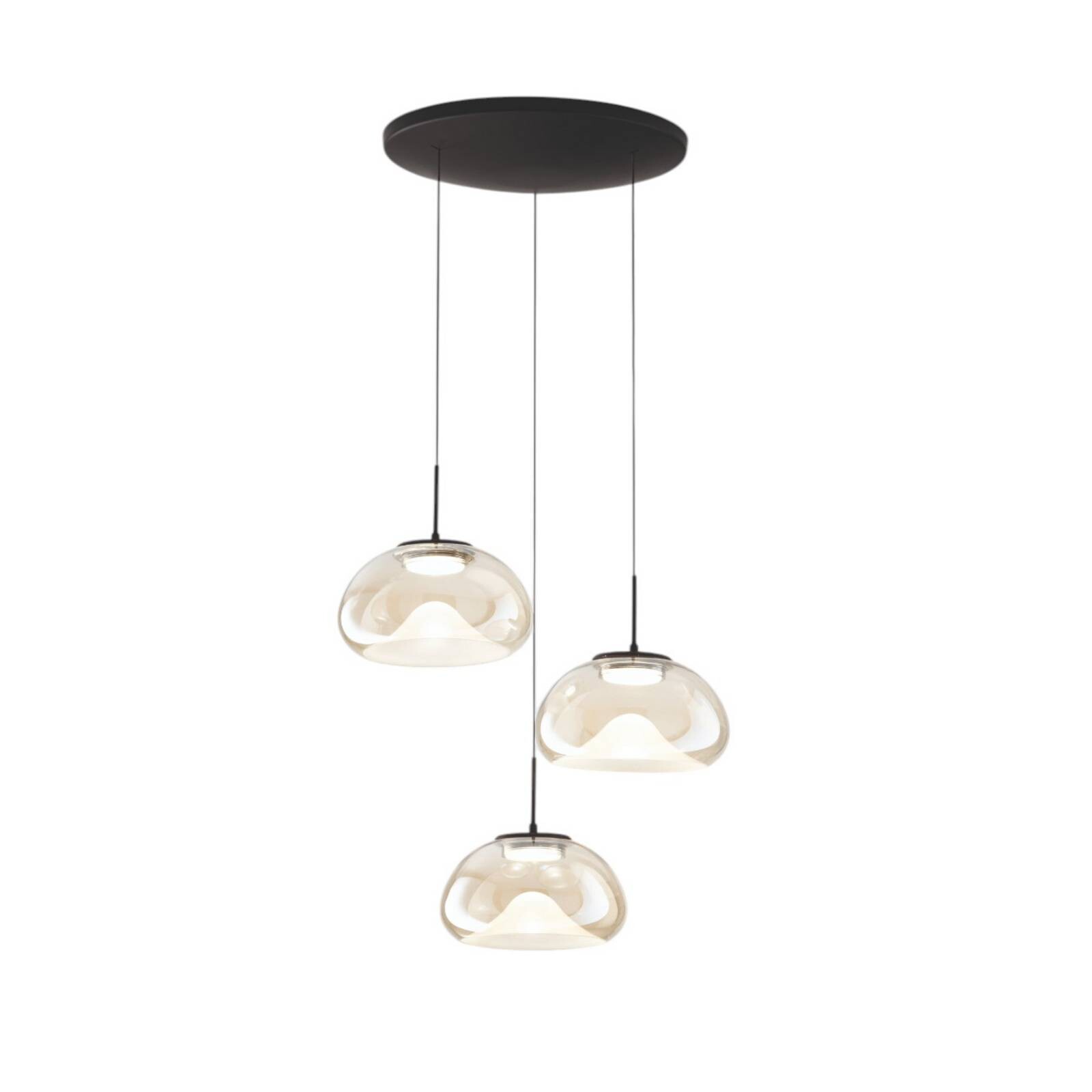 LED závesné svietidlo Brena, 3-pl., koňak, Ø 35 cm CCT, stmievateľné