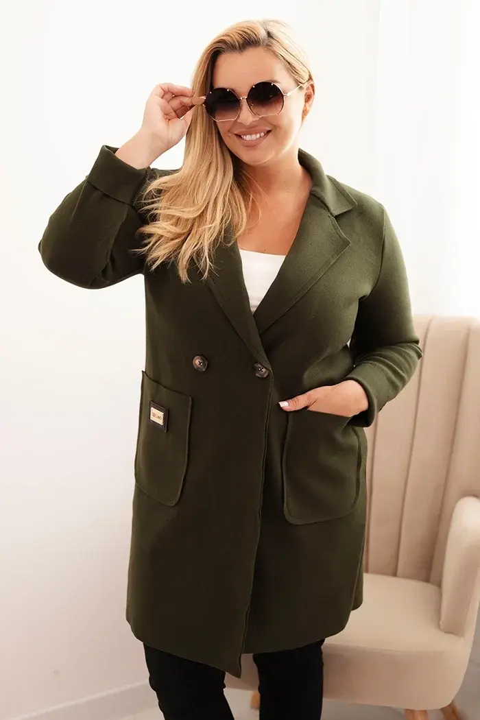 Kesi Włoski Dámsky elegantný kabát Plus Size s golierom a veľkými vreckami khaki