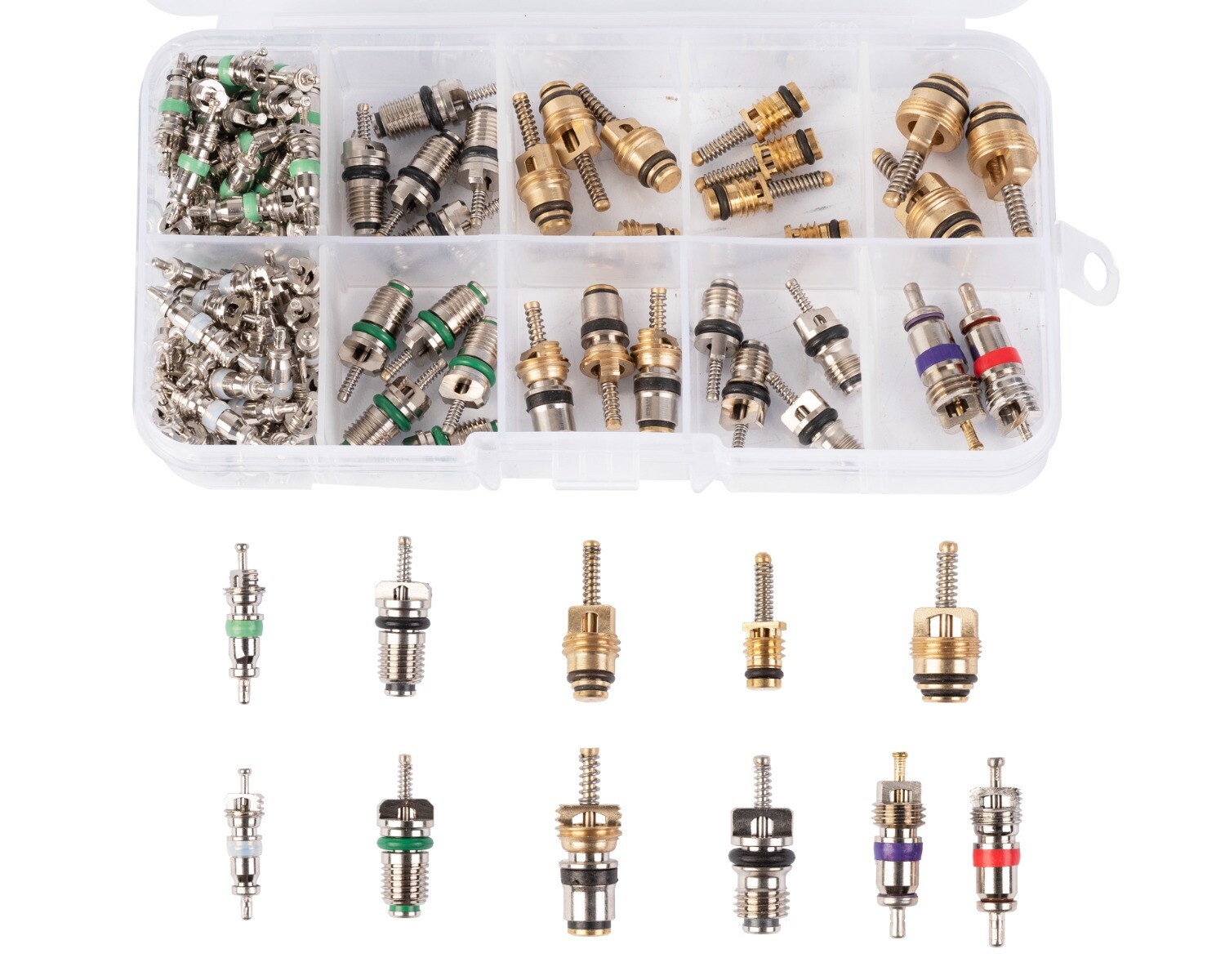 Valve core set, 100 pcs., 10 types