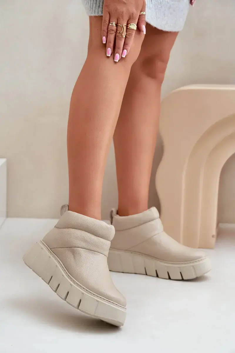 Zazoo 60470 Kožené členkové topánky s vlnenou zateplenou platformou Light Beige 40