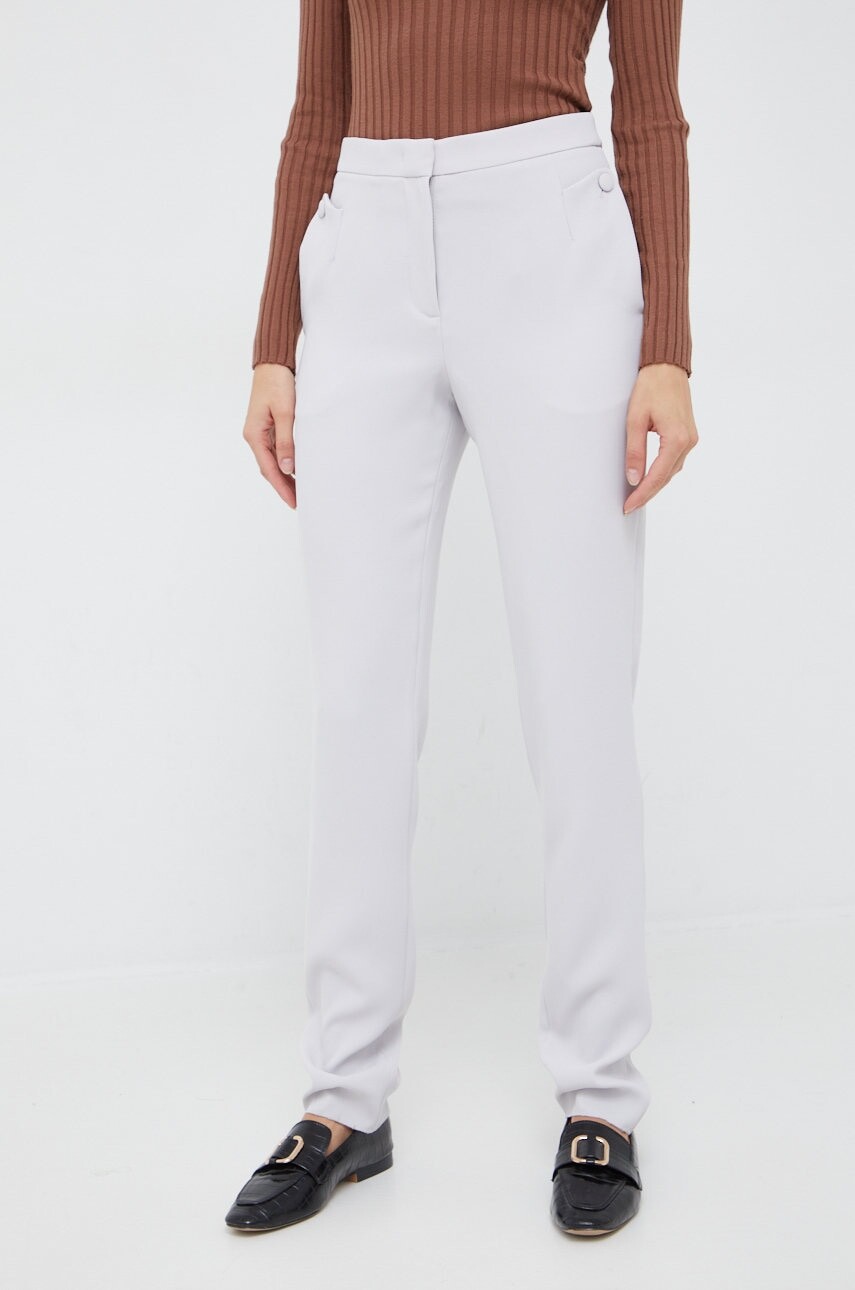 Nohavice Emporio Armani dámske, šedá farba, rovné, vysoký pás