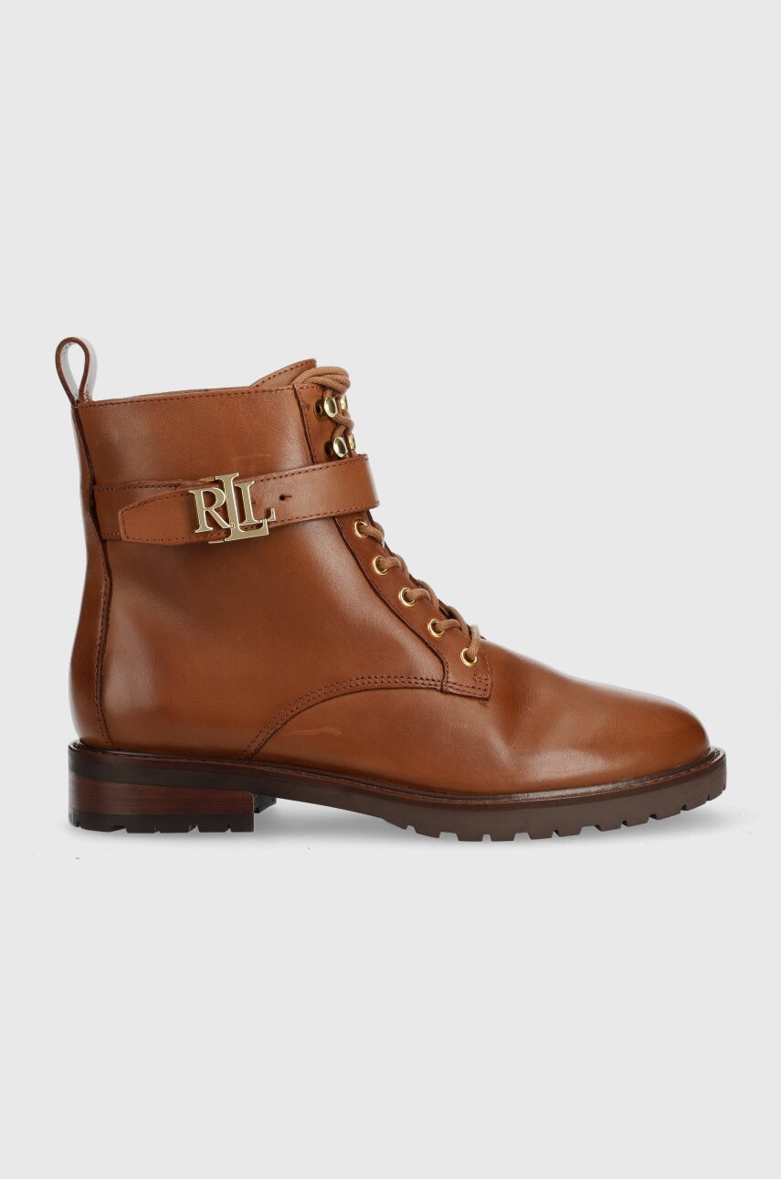 Kožené členkové topánky Lauren Ralph Lauren Elridge Burnished Calf dámske, hnedá farba, na plochom podpätku, 802838413002