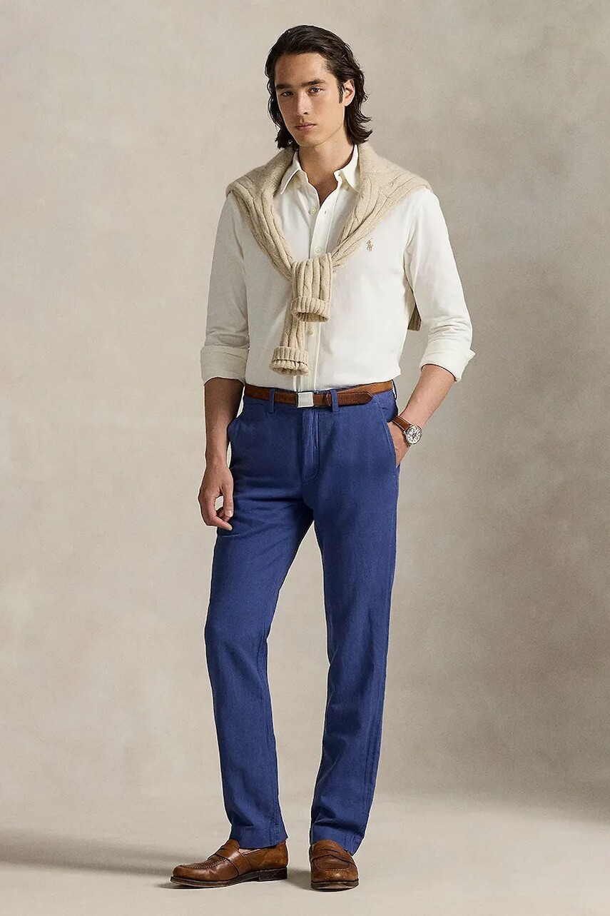 Ľanové nohavice Polo Ralph Lauren tmavomodrá farba, rovný strih, 710901796