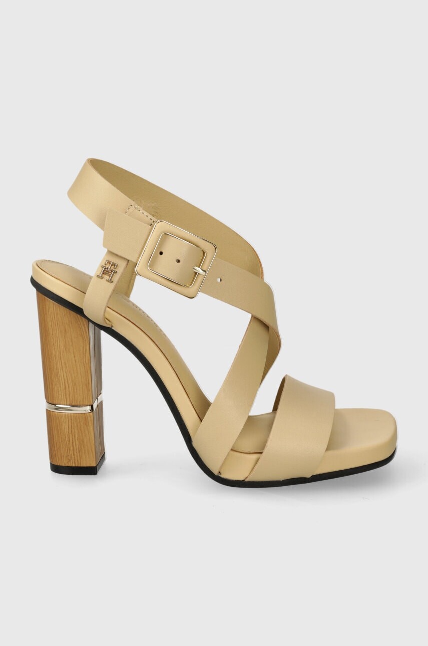 Kožené sandále Tommy Hilfiger HARDWARE BLOCK HIGH HEEL béžová farba, FW0FW07016
