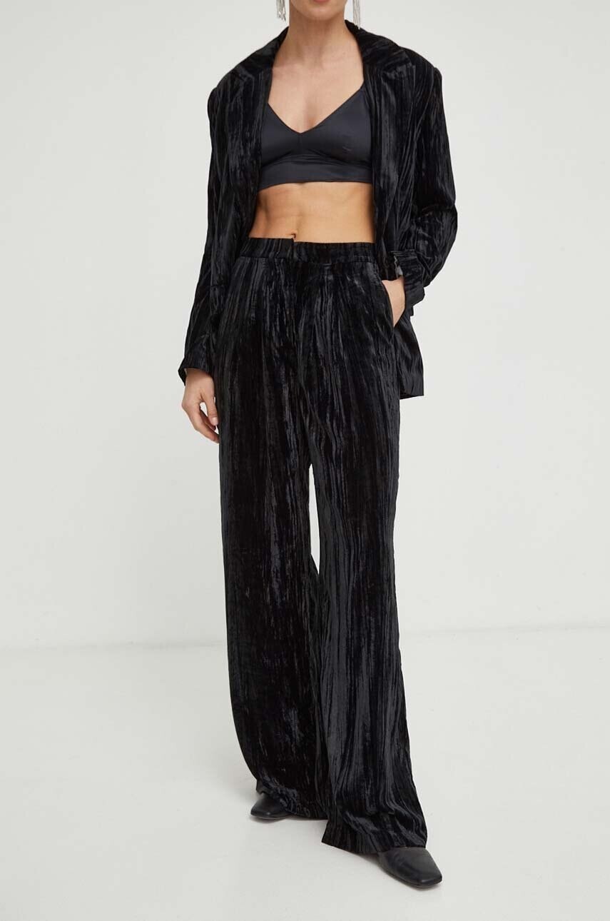 Zamatové nohavice 2NDDAY 2ND Alex - Crinkled Velvet čierna farba, rovné, vysoký pás, 2234160154