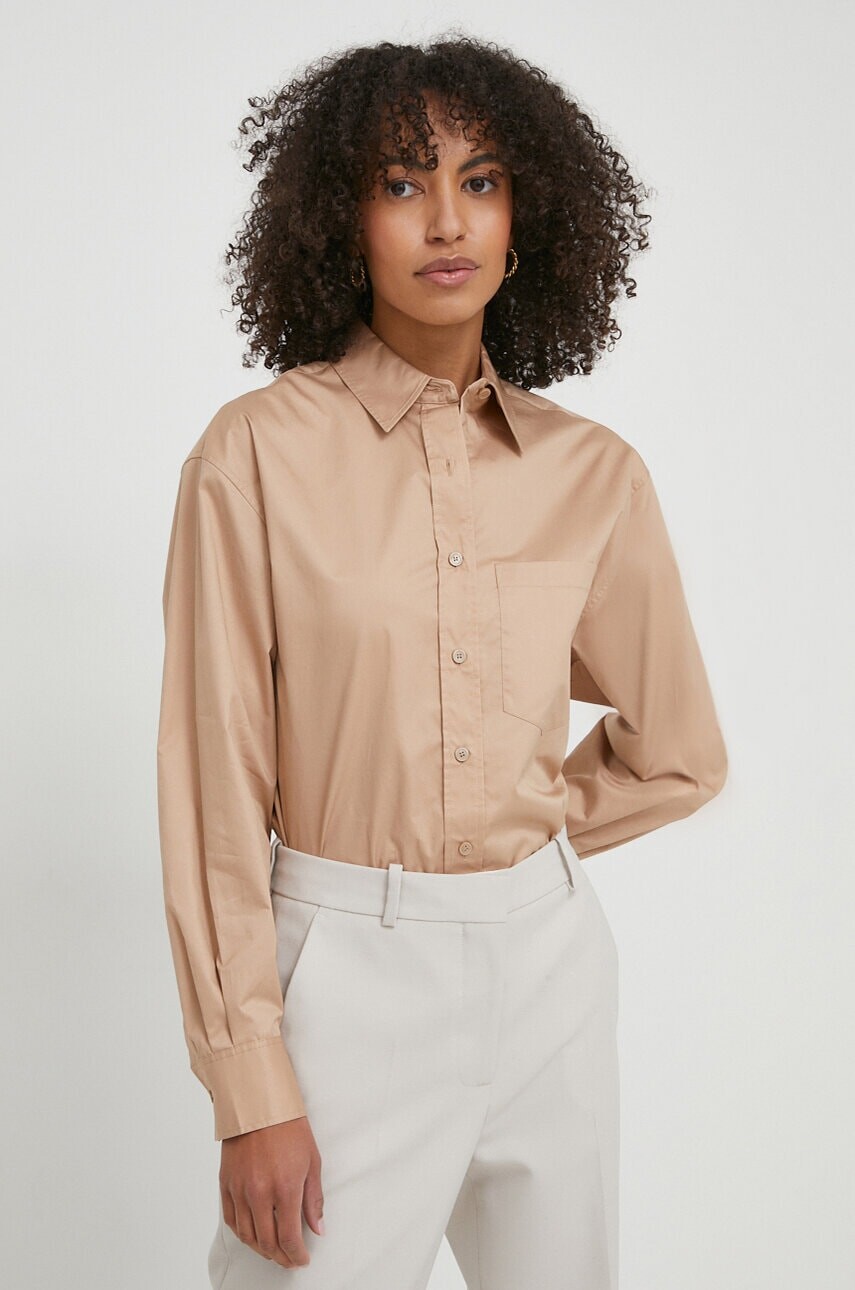 Bavlnená košeľa Calvin Klein dámska,béžová farba,voľný strih,s klasickým golierom,K20K206749