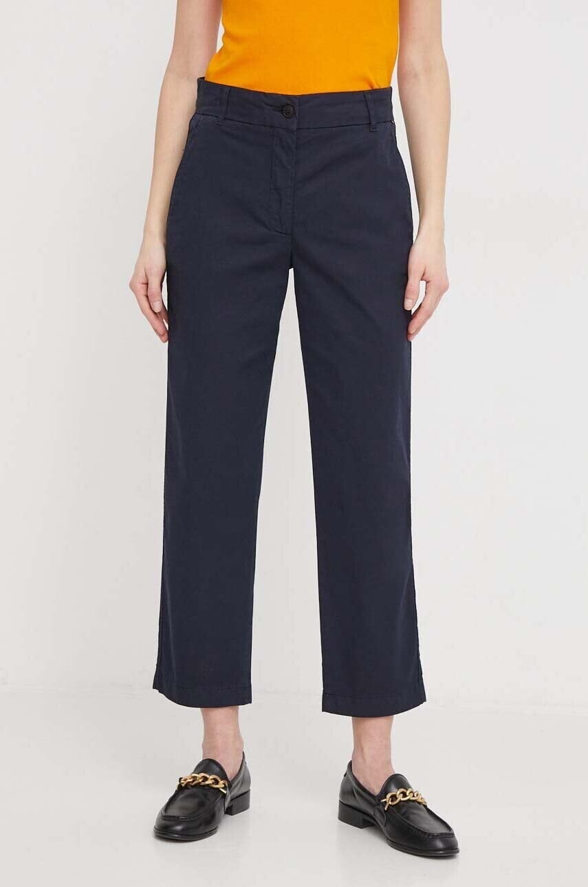 Nohavice Tommy Hilfiger dámske, tmavomodrá farba, rovné, vysoký pás, WW0WW41352