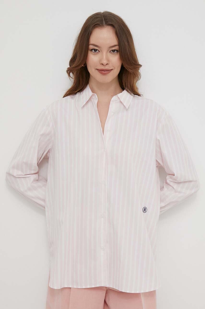 Bavlnená košeľa Tommy Hilfiger dámska, ružová farba, voľný strih, s klasickým golierom, WW0WW41854
