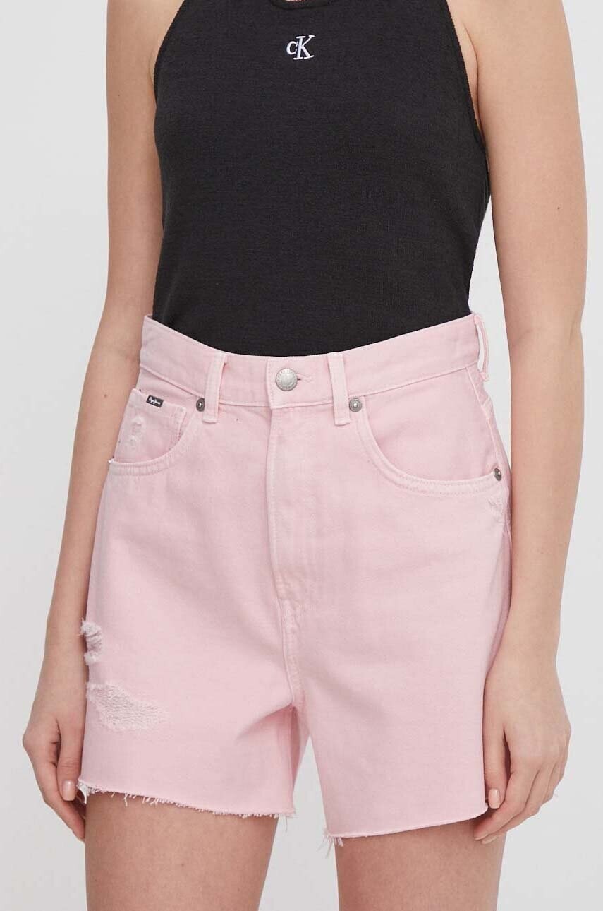 Rifľové krátke nohavice Pepe Jeans A-LINE SHORT UHW CLR dámske, ružová farba, jednofarebné, vysoký pás, PL801122