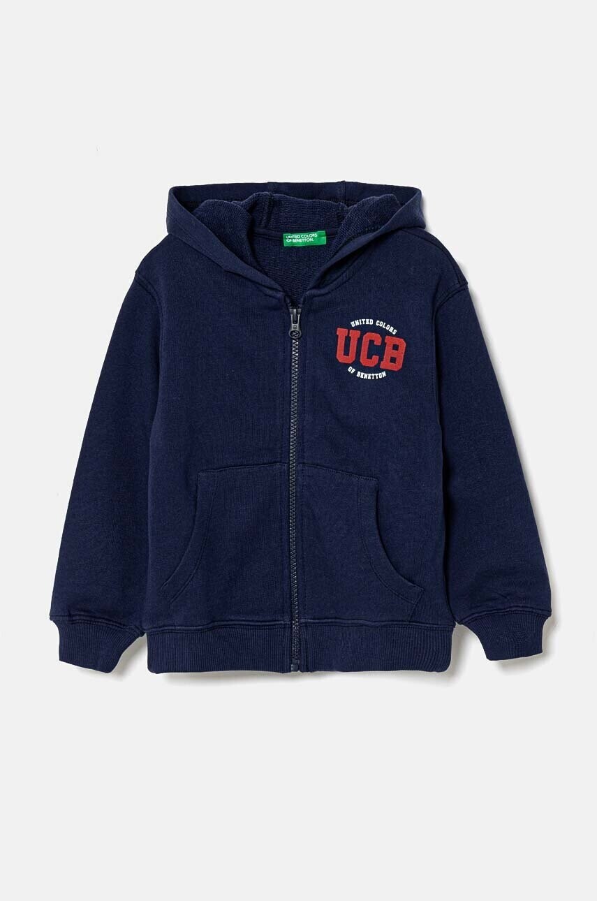 Detská bavlnená mikina United Colors of Benetton tmavomodrá farba, s kapucňou, vzorovaná, 3J68G5034