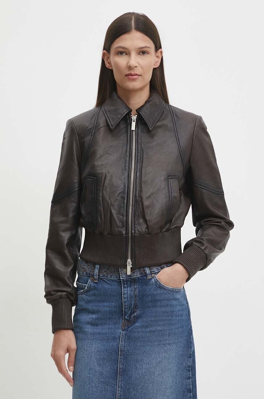 Kožená bunda Remain Short Bomber Jacket dámska, hnedá farba, prechodná, 501933493