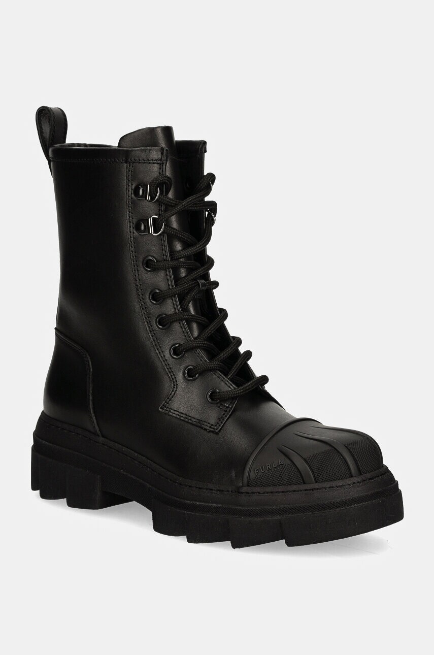 Kožené workery Furla Gum Army Boot dámske, čierna farba, na plochom podpätku, YI60FGU BX3508 O6000