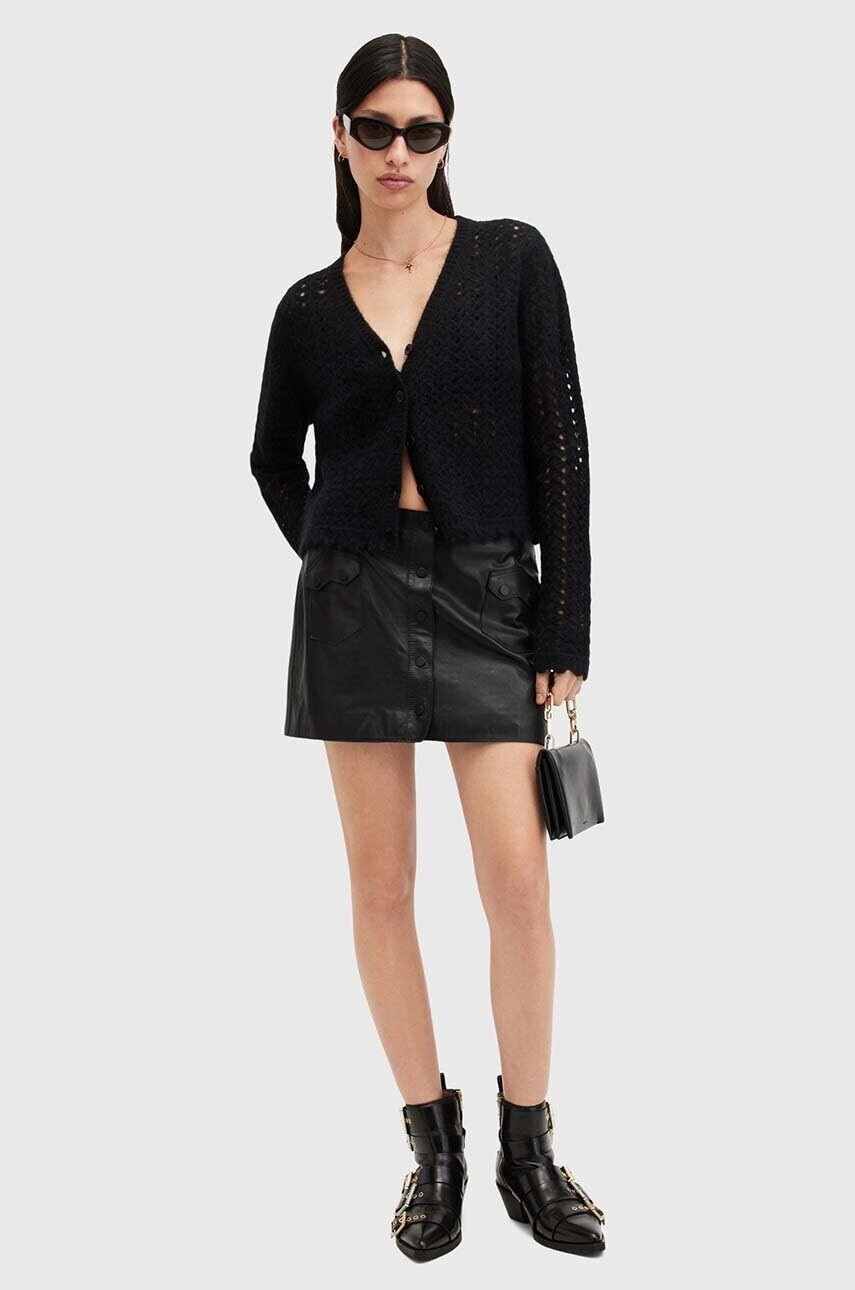 Kožená sukňa AllSaints ROCK MINI čierna farba, mini, rovný strih, W018RB