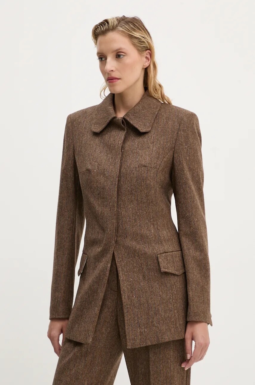 Vlnené sako Remain Fitted Herringbone Blazer hnedá farba, jednoradové, vzorované, 5018632977