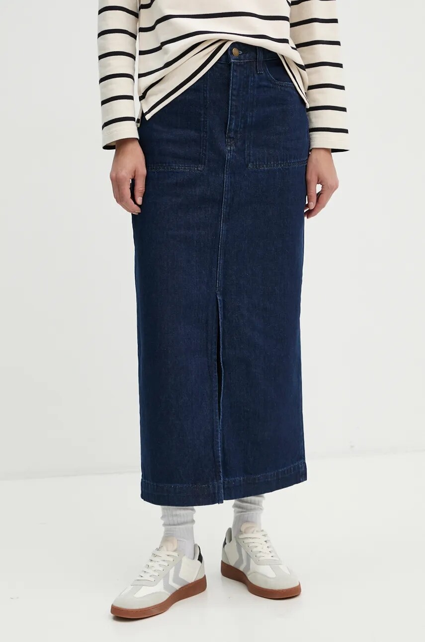 Rifľová sukňa Barbour tmavomodrá farba, maxi, rovný strih, LSK0104