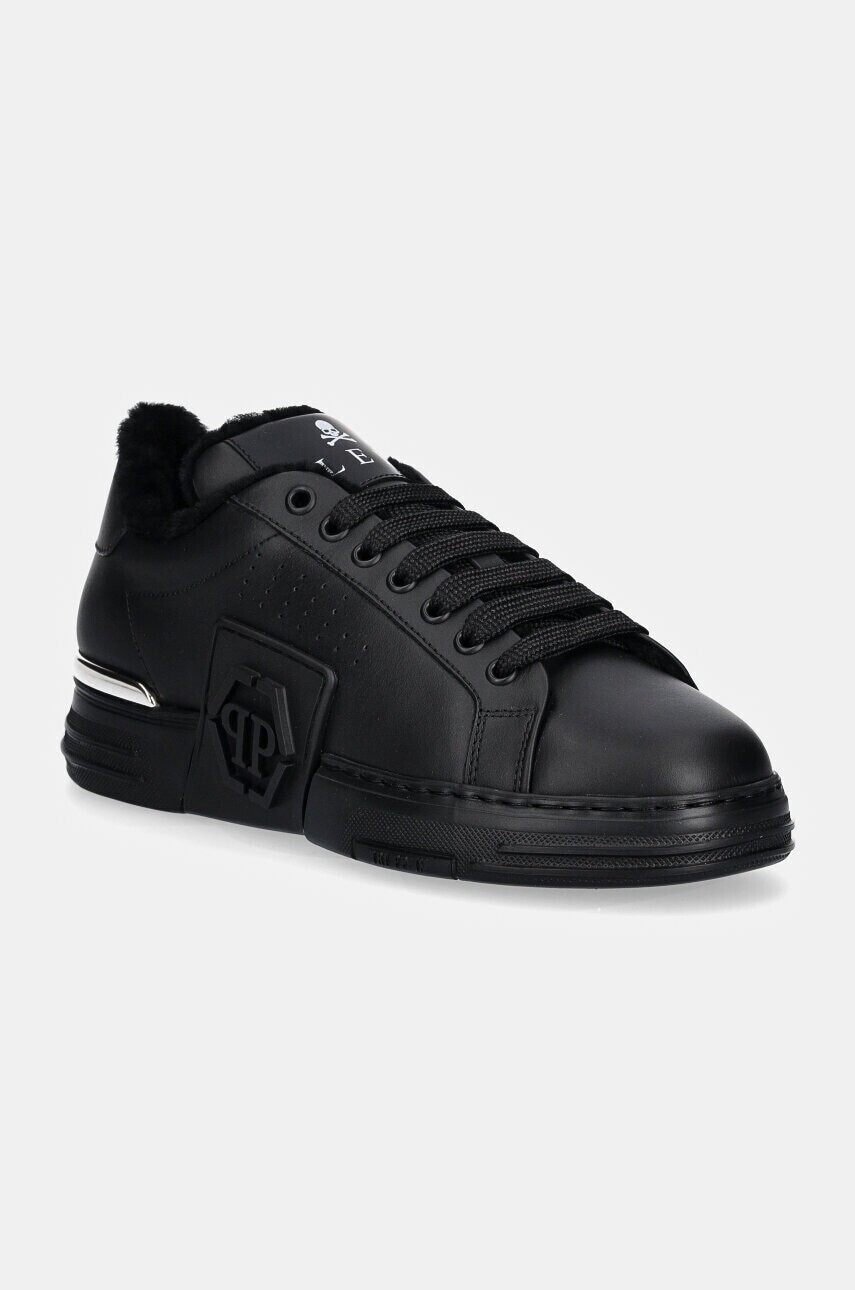 Kožené tenisky Philipp Plein Nappa Lo-Top Fur Hexagon čierna farba, USC0691 PLE075N 0202