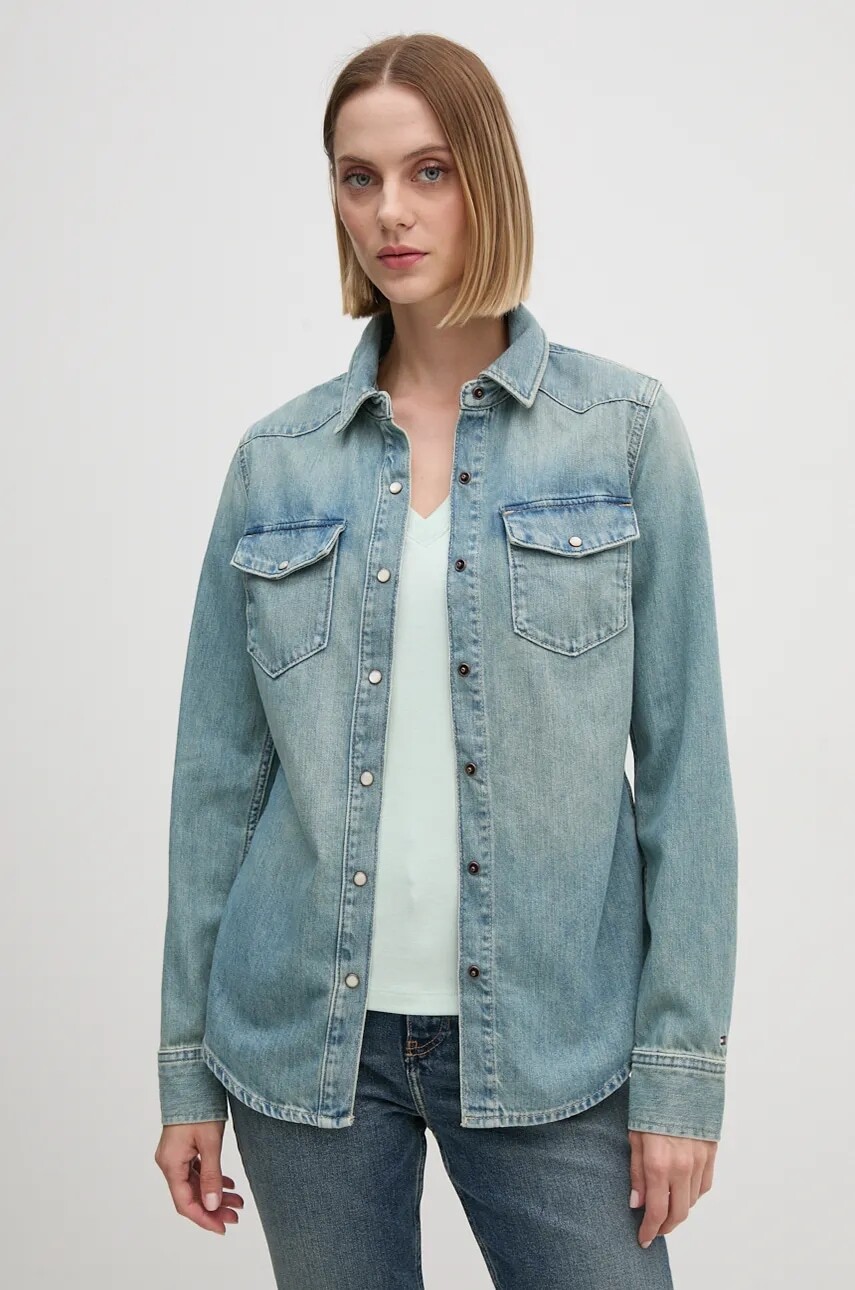 Rifľová košeľa Tommy Hilfiger dámska, slim, s klasickým golierom, WW0WW42875