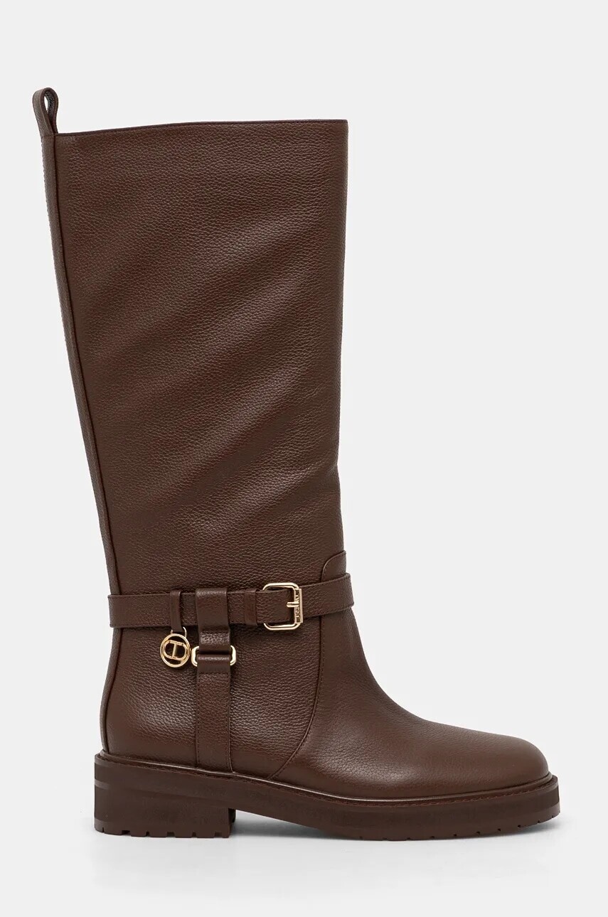 Kožené čižmy Twinset dámske, hnedá farba, na plochom podpätku, 242TGT172