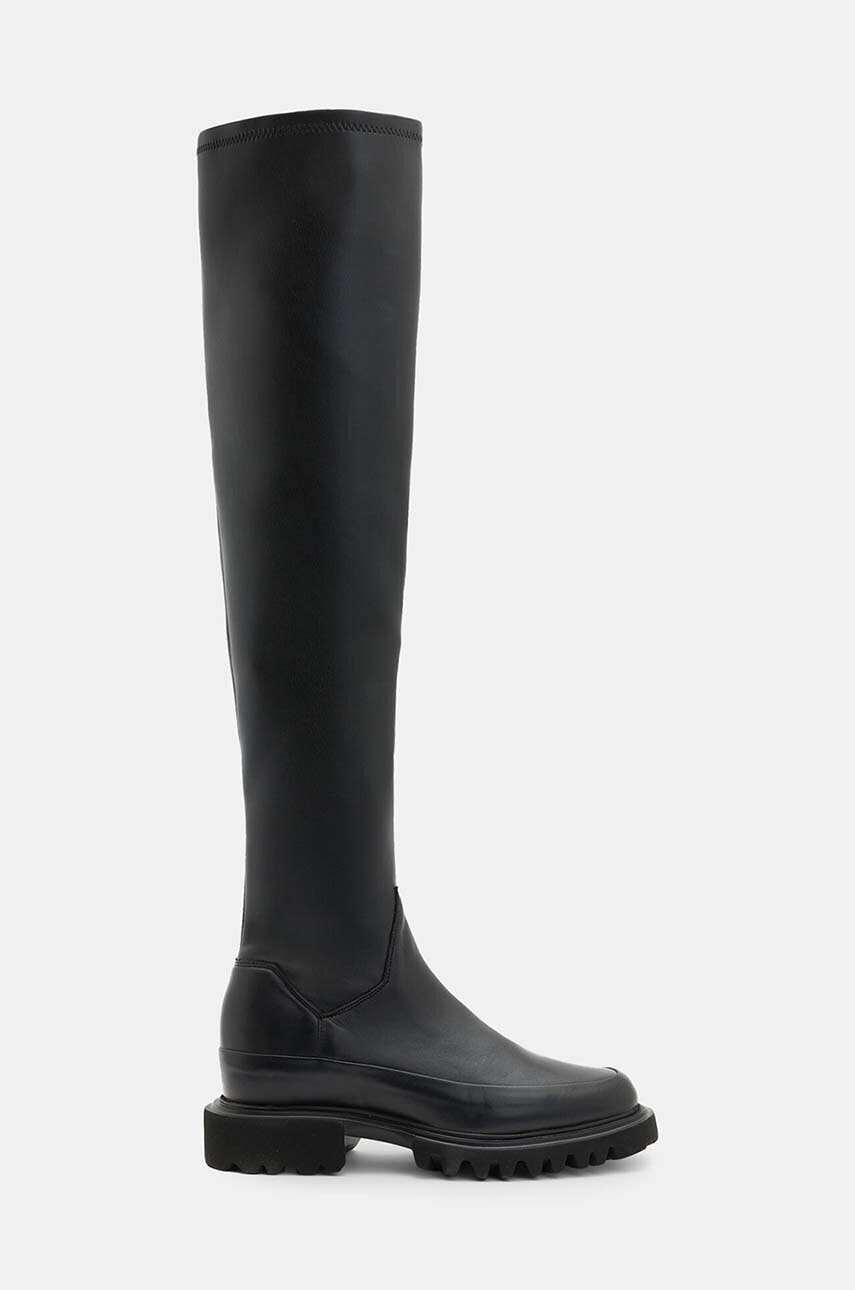 Kožené čižmy AllSaints Leona Boot dámske, čierna farba, na plochom podpätku, W097FB