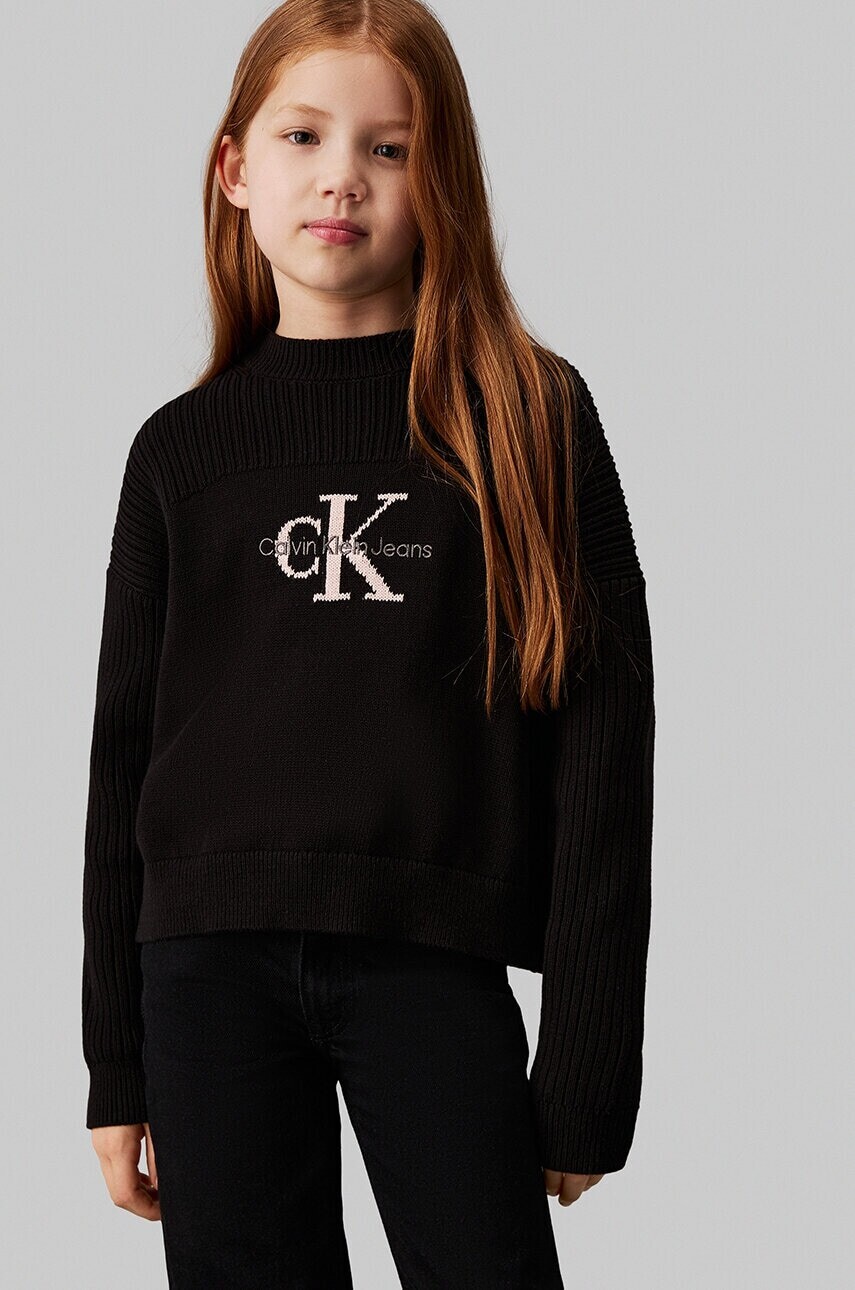 Detský bavlnený sveter Calvin Klein Jeans čierna farba, teplý, IG0IG02654