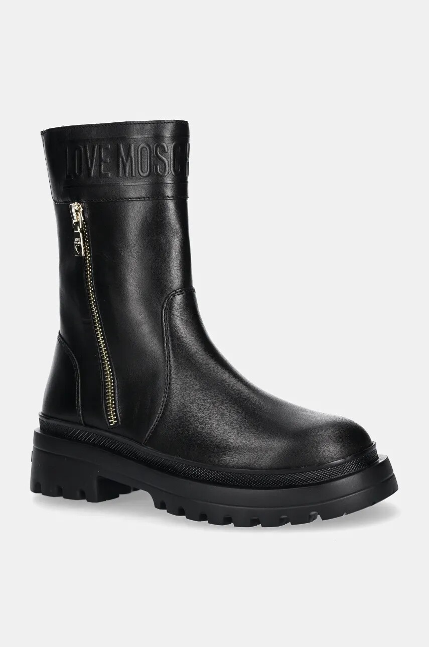 Kožené členkové topánky Love Moschino dámske, čierna farba, na plochom podpätku, JA24245G0LIA0000