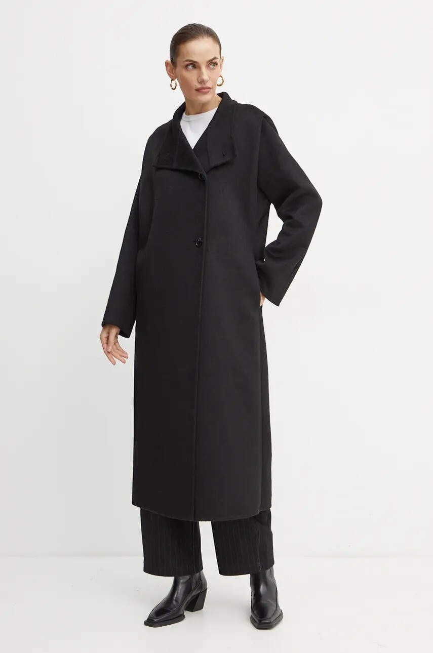 Kabát s prímesou vlny Boss Orange čierna farba, prechodný, oversize, 50524463