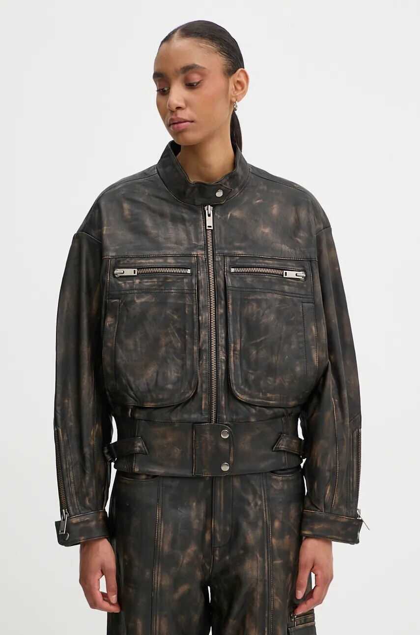 Kožená bunda Gestuz dámska, čierna farba, prechodná, oversize, 10909473