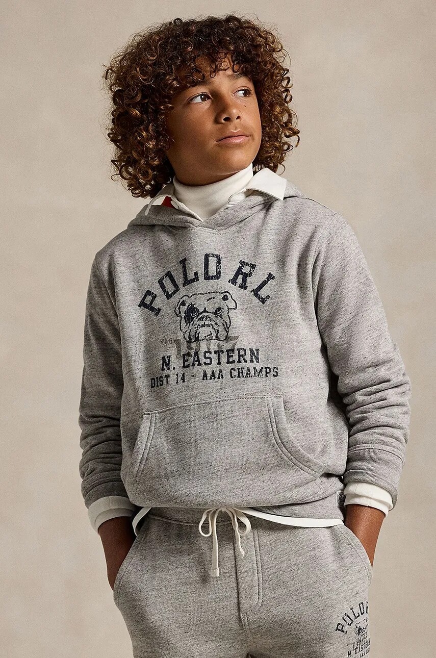 Detská mikina Polo Ralph Lauren šedá farba, s kapucňou, s potlačou, 323952520001
