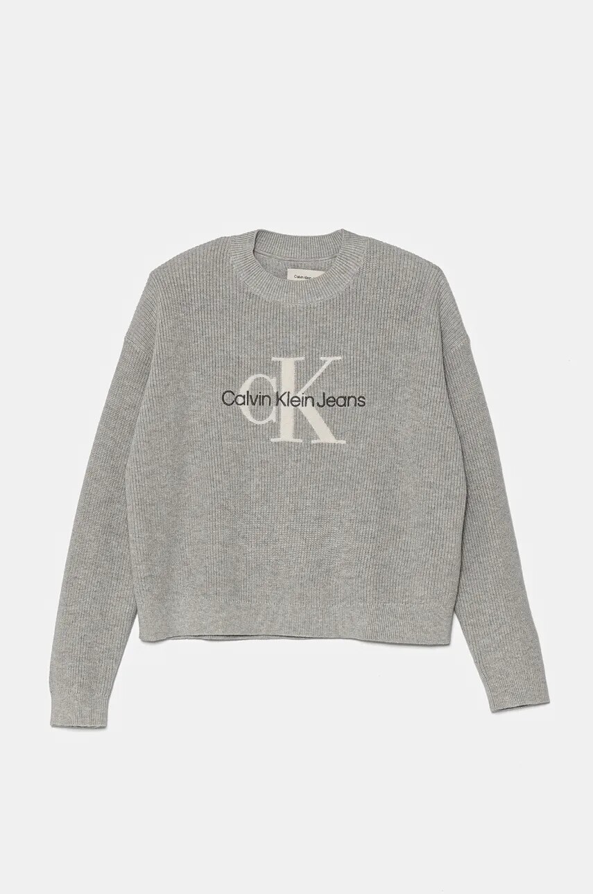 Detský bavlnený sveter Calvin Klein Jeans šedá farba, tenký, IG0IG02647