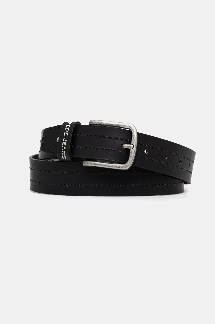 Kožený opasok Pepe Jeans ELMER BELT pánsky, čierna farba, PM021029