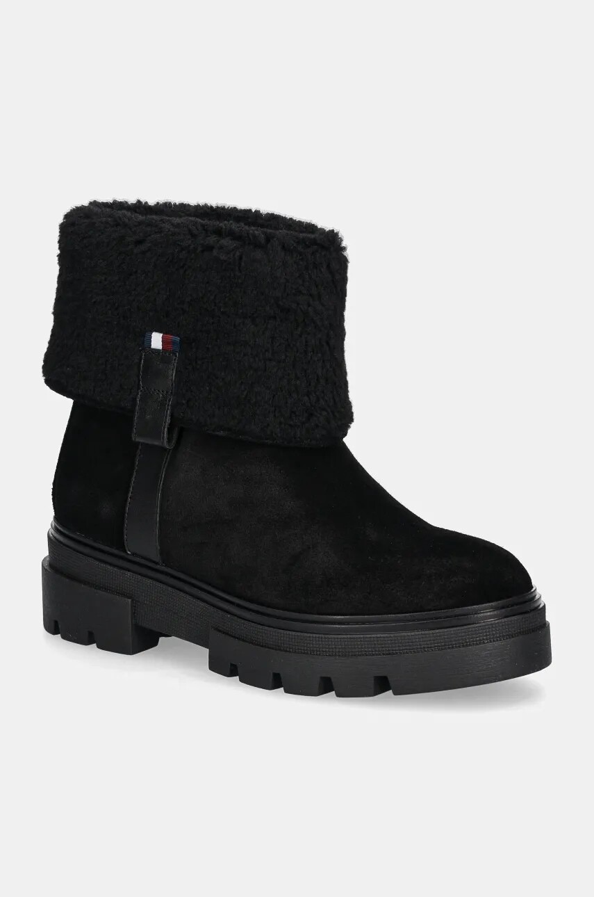 Semišové topánky Tommy Hilfiger FAUX FUR SUEDE ROLL-DOWN BOOT čierna farba, na plochom podpätku, zateplené, FW0FW08158