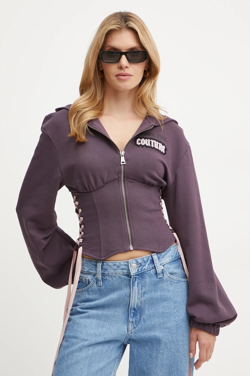 Bavlnená mikina Versace Jeans Couture dámska, fialová farba, s kapucňou, s potlačou, 77HAI304 F0010