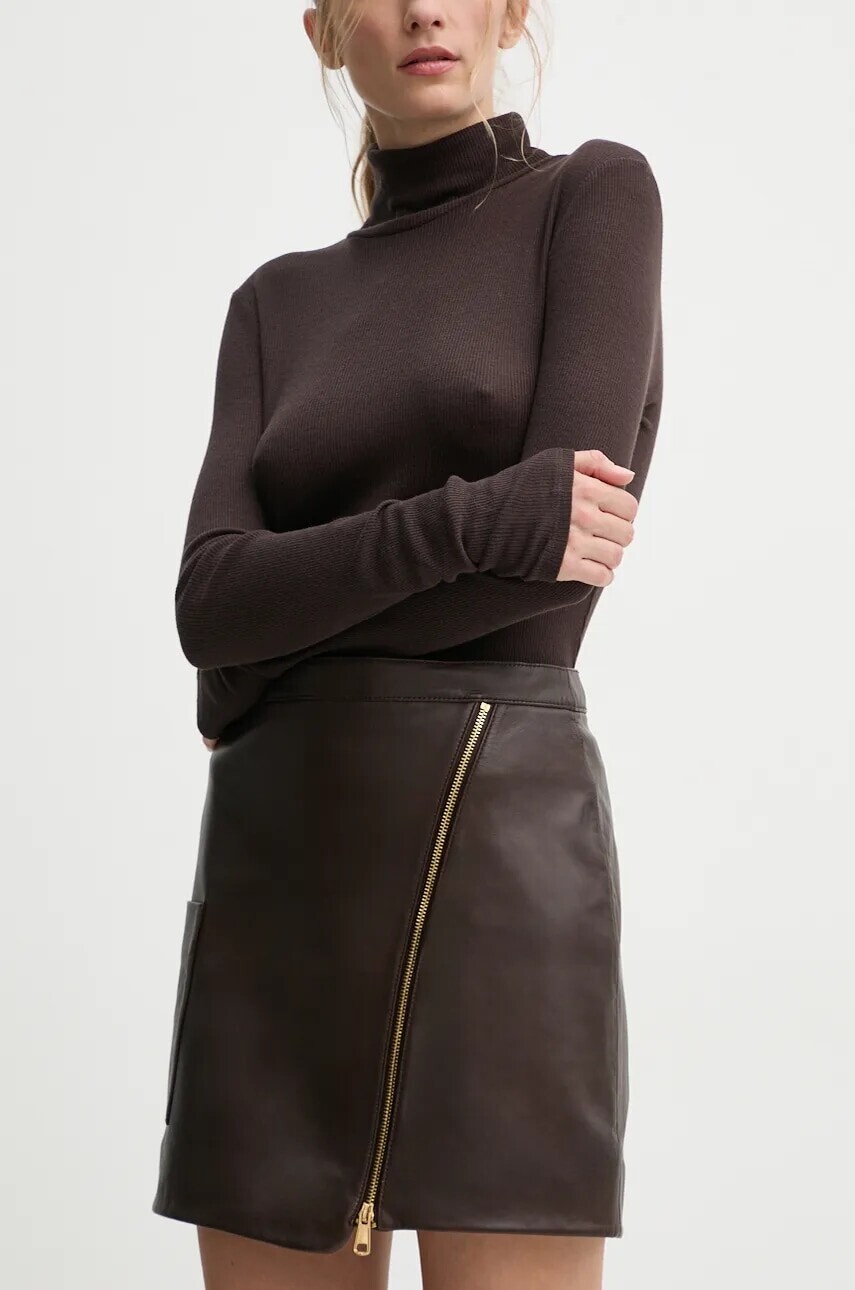 Kožená sukňa BA&SH hnedá farba, mini, áčkový strih, 1H24MALA