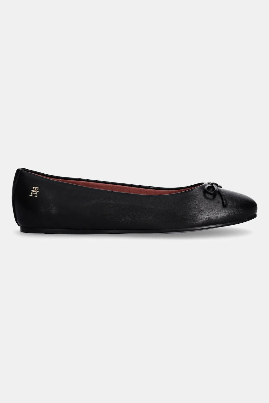 Kožené balerínky Tommy Hilfiger BALLERINA LEATHER FLAT BOW čierna farba, FW0FW08359