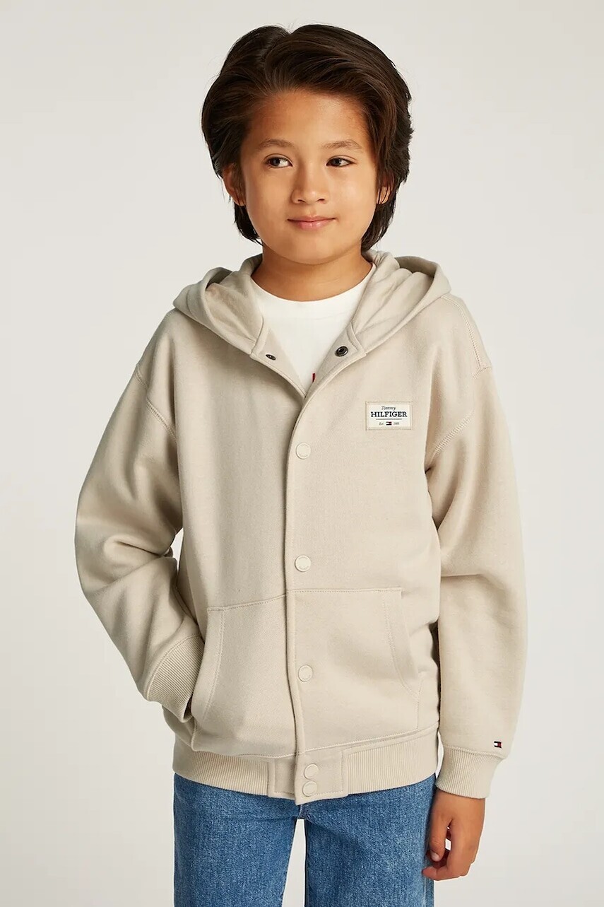 Detská mikina Tommy Hilfiger béžová farba, s kapucňou, jednofarebná, KB0KB09314