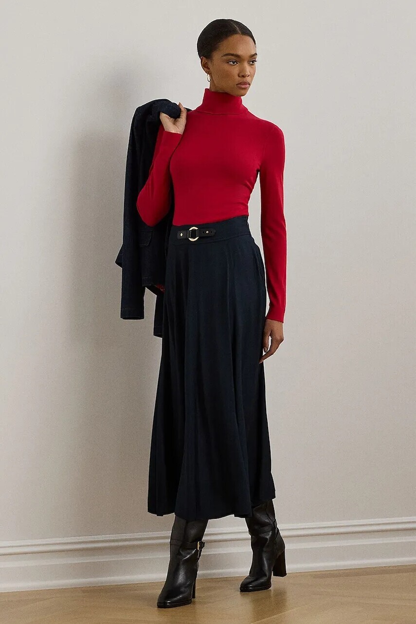 Sukňa Lauren Ralph Lauren tmavomodrá farba, midi, áčkový strih, 200962242