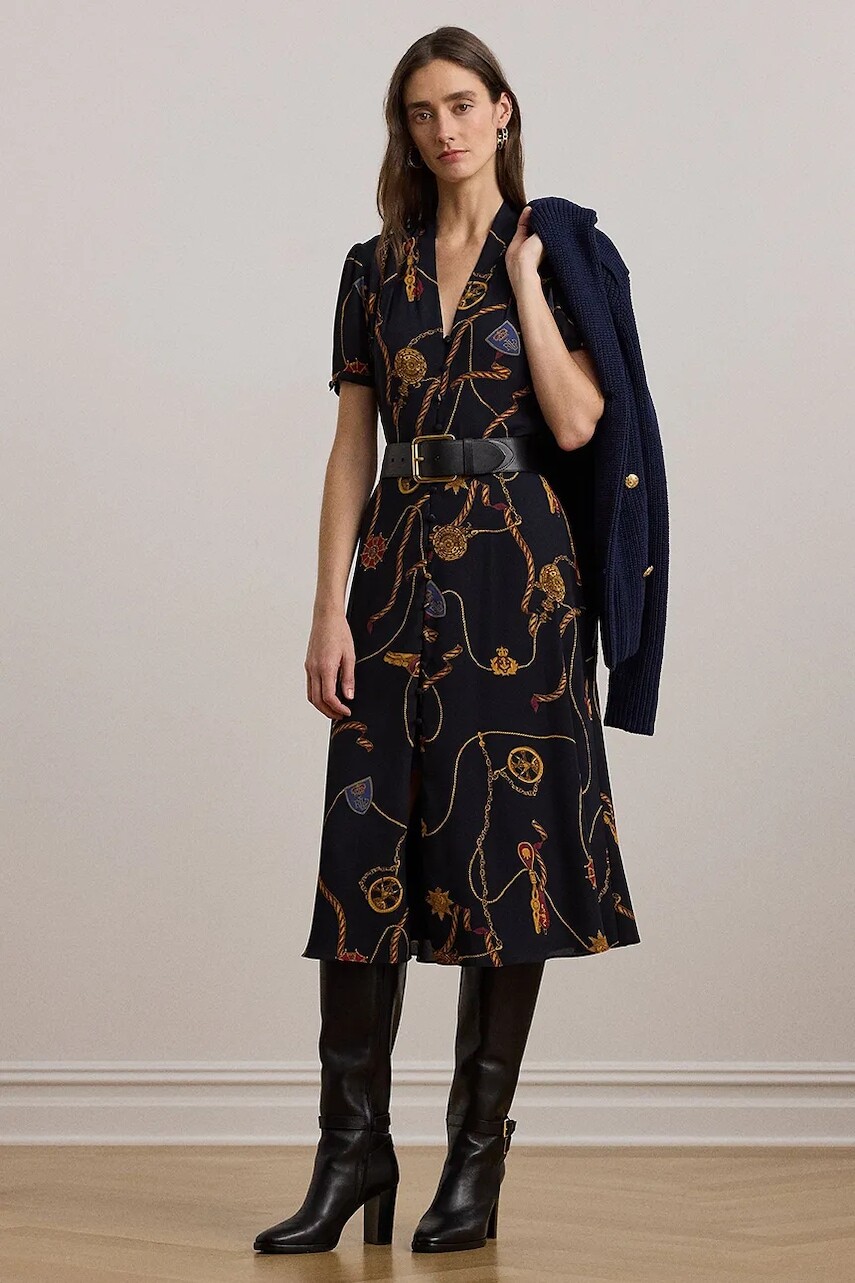 Šaty Lauren Ralph Lauren tmavomodrá farba, midi, áčkový strih, 200957152