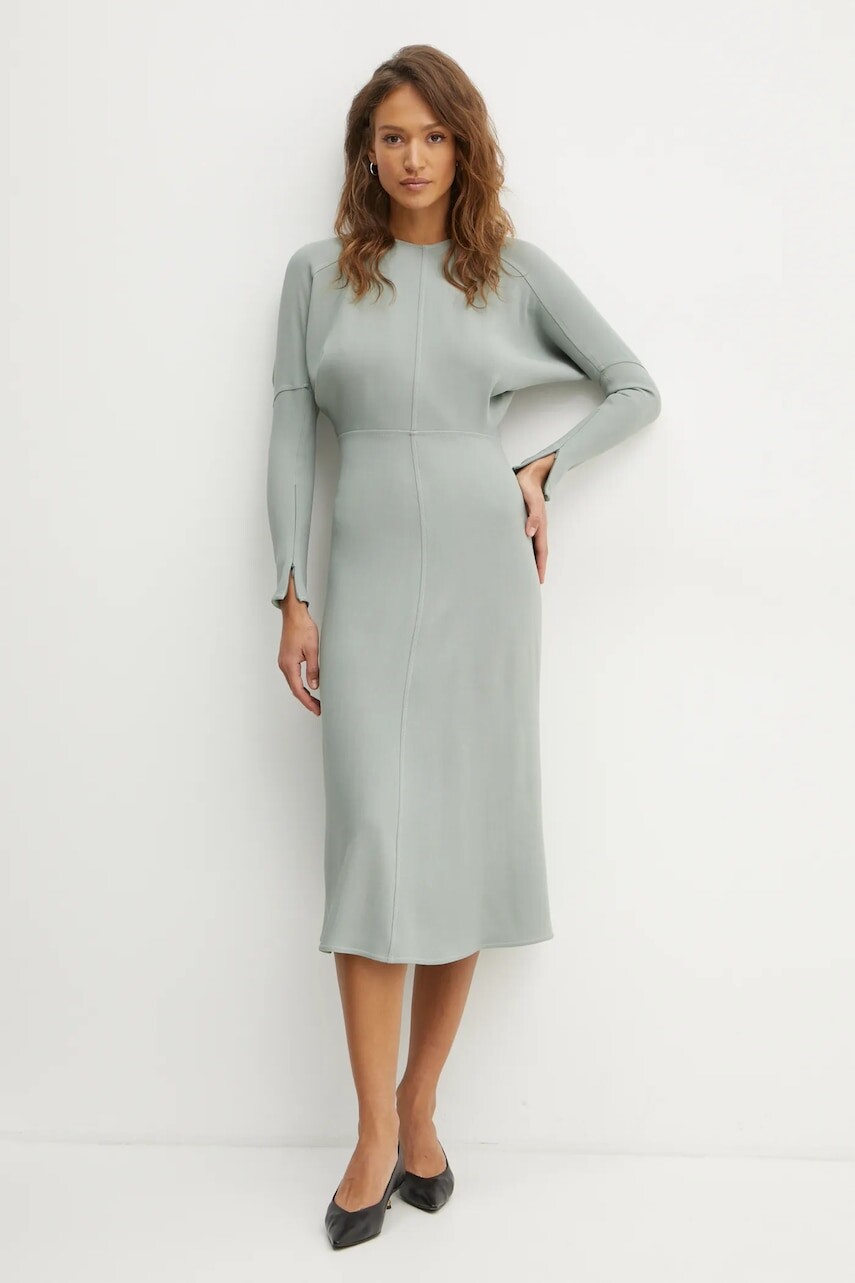 Šaty s prímesou vlny Victoria Beckham zelená farba, midi, priliehavé, 1125WDR005231C