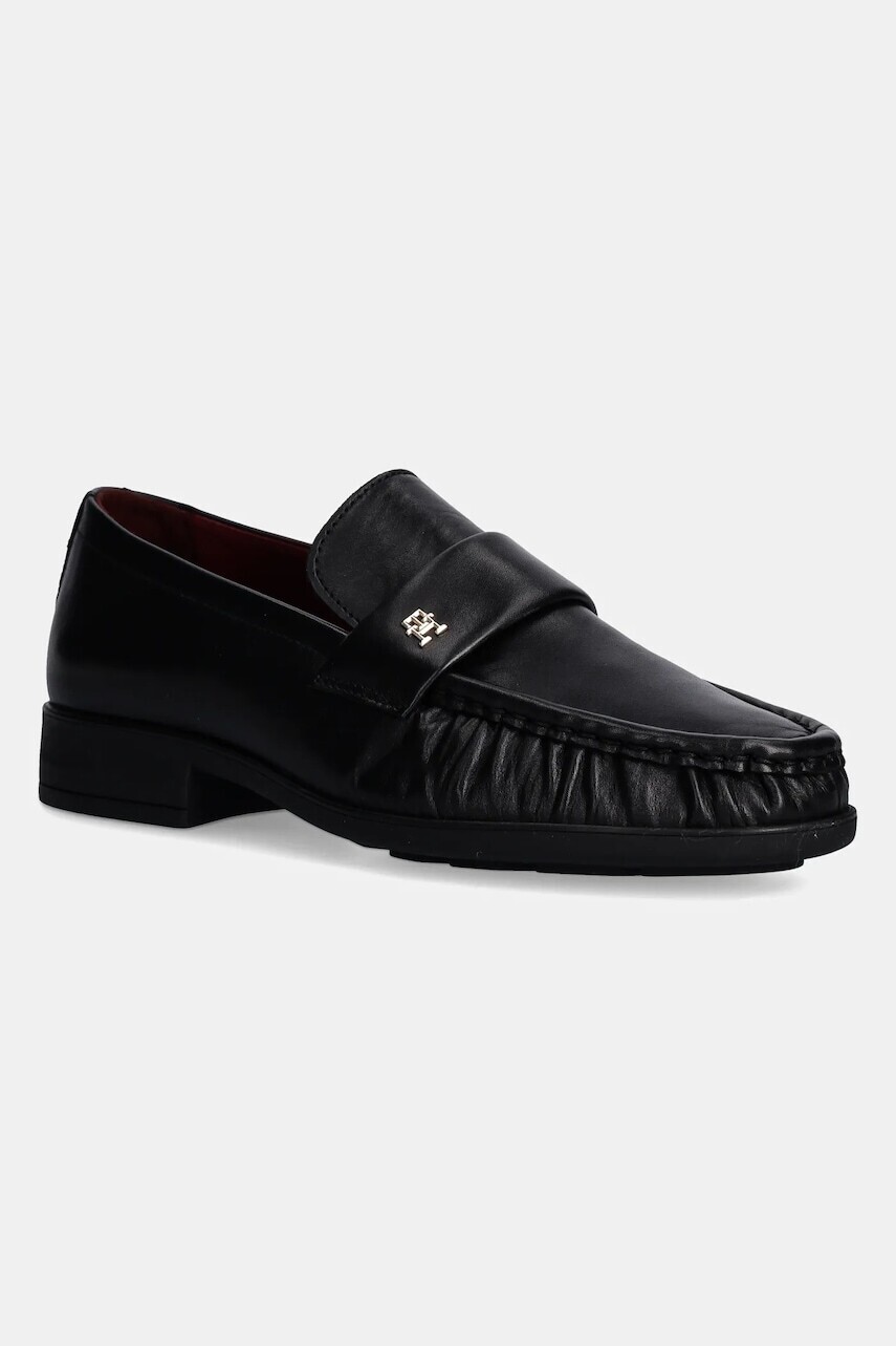 Kožené mokasíny Tommy Hilfiger LOAFER SOFT NAPPA PLEATED TOE dámske, čierna farba, na plochom podpätku, FW0FW08362