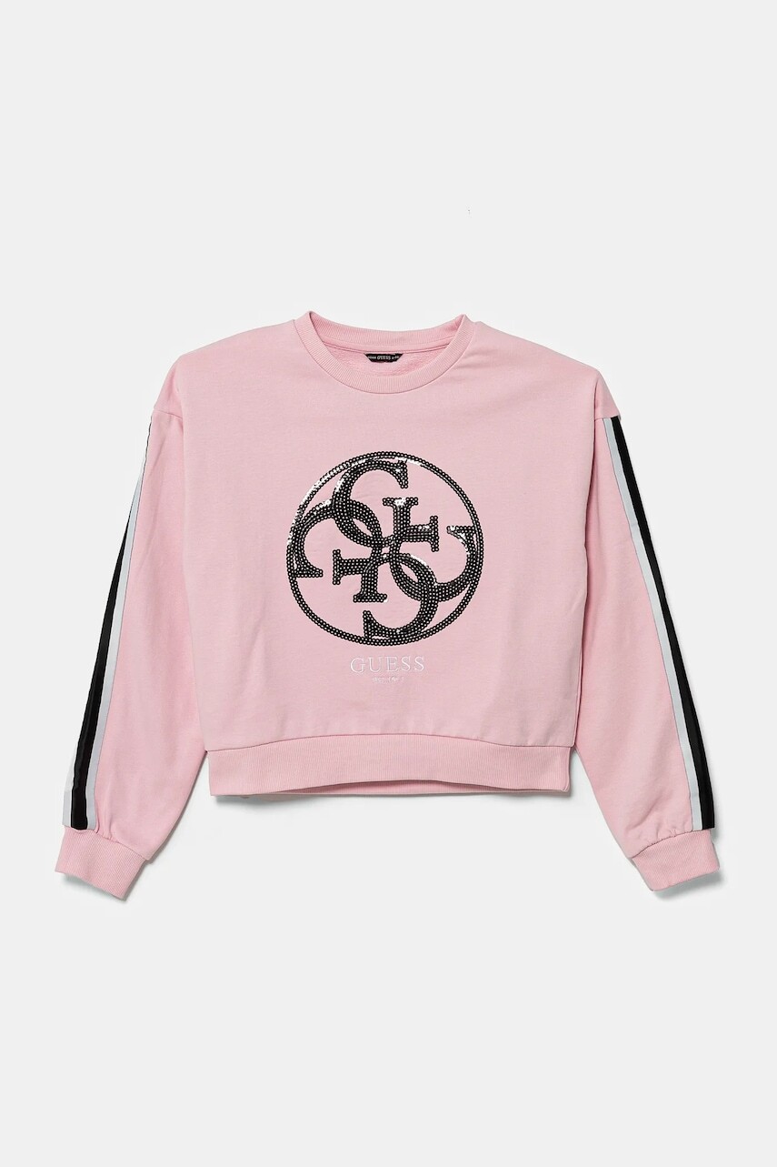 Detská bavlnená mikina Guess ružová farba, s nášivkou, J5RQ02 KAD74