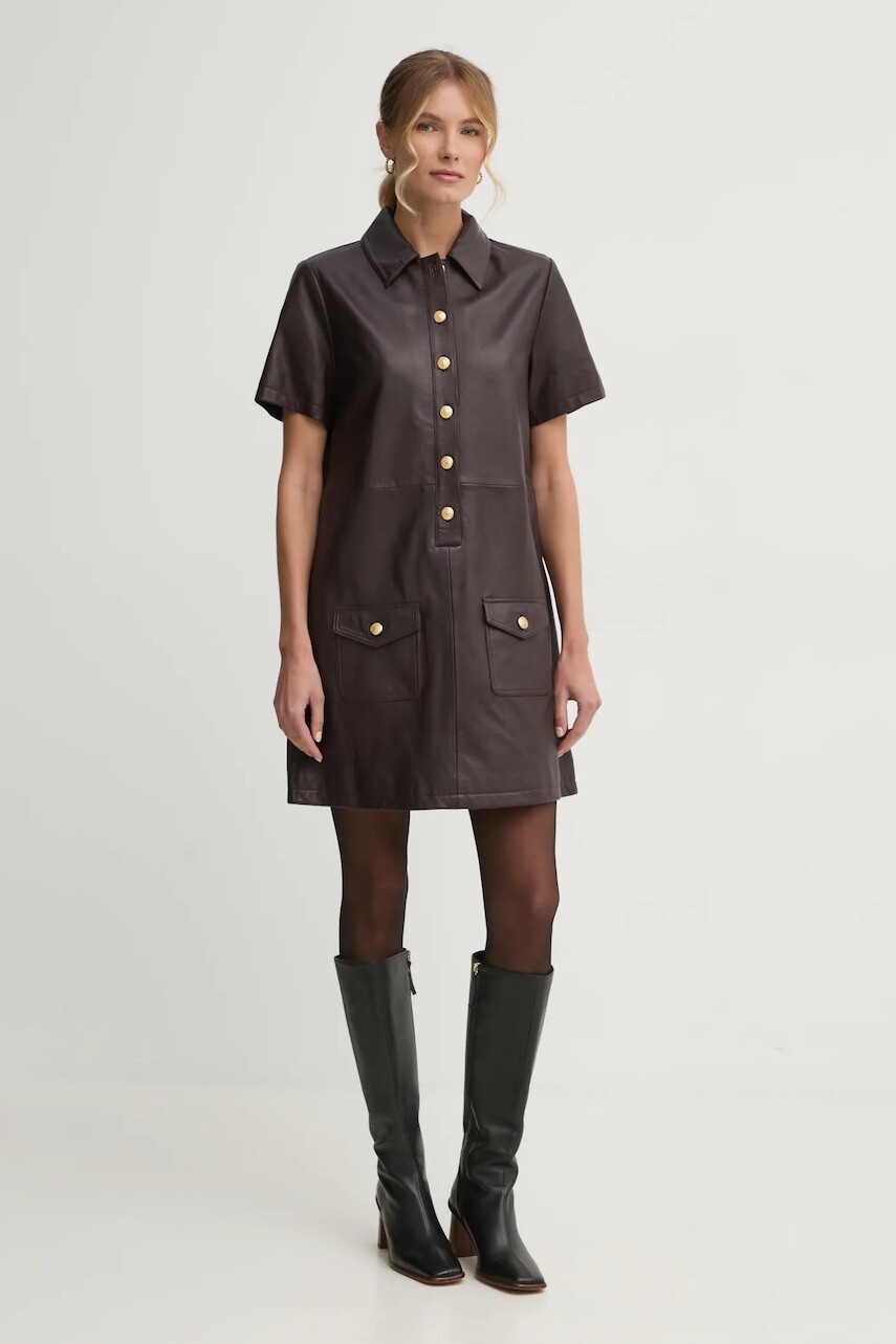 Kožené šaty Tommy Hilfiger bordová farba, mini, áčkový strih, WW0WW43783