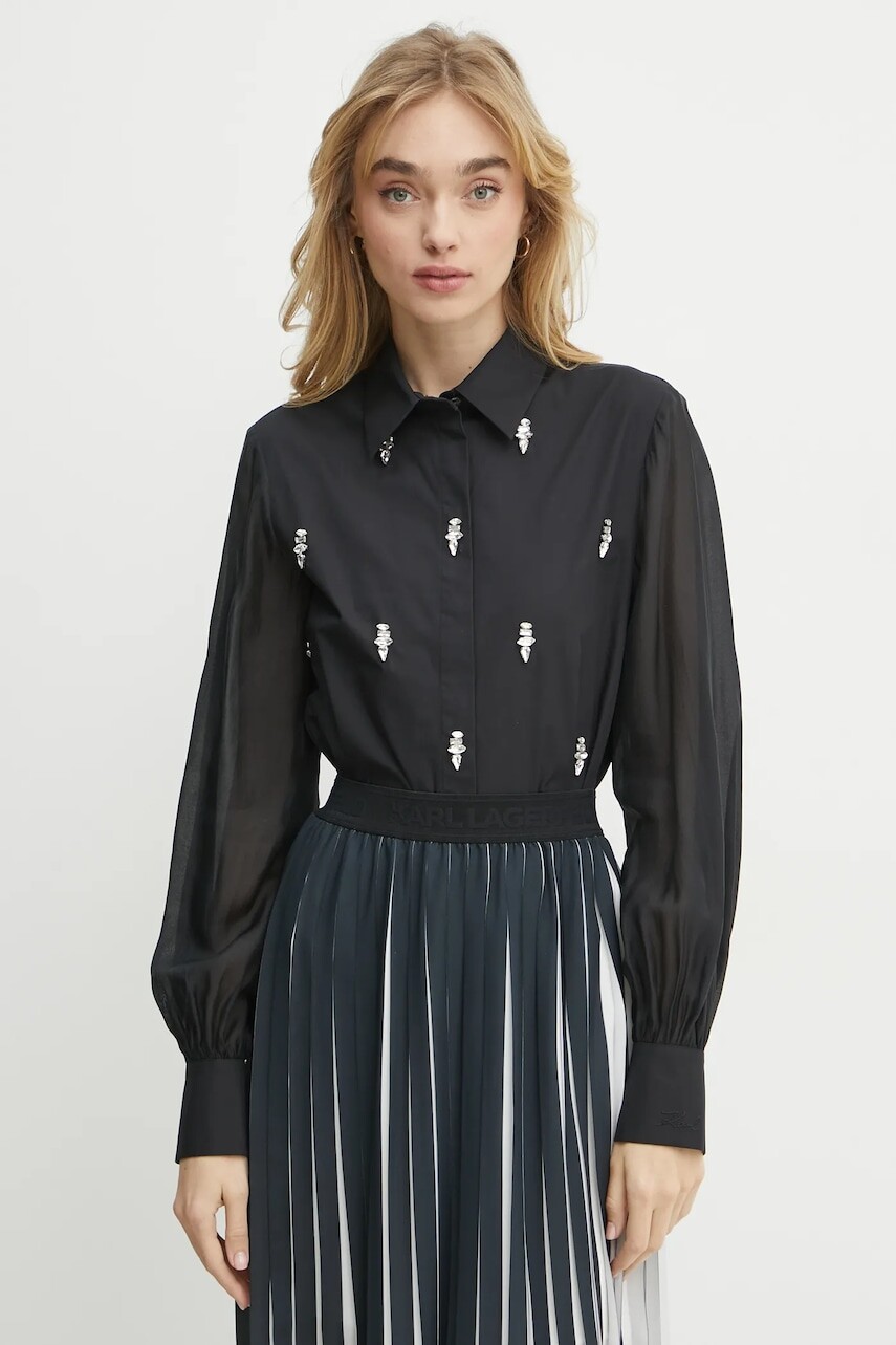 Košeľa Karl Lagerfeld dámska, čierna farba, regular, s klasickým golierom, A1W11014