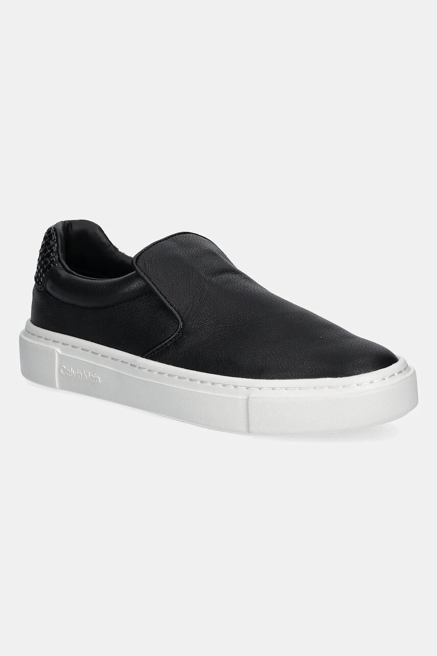 Kožené tenisky Calvin Klein CUPSOLE SLIP ON - WOVEN LTH dámske, čierna farba, HW0HW02297