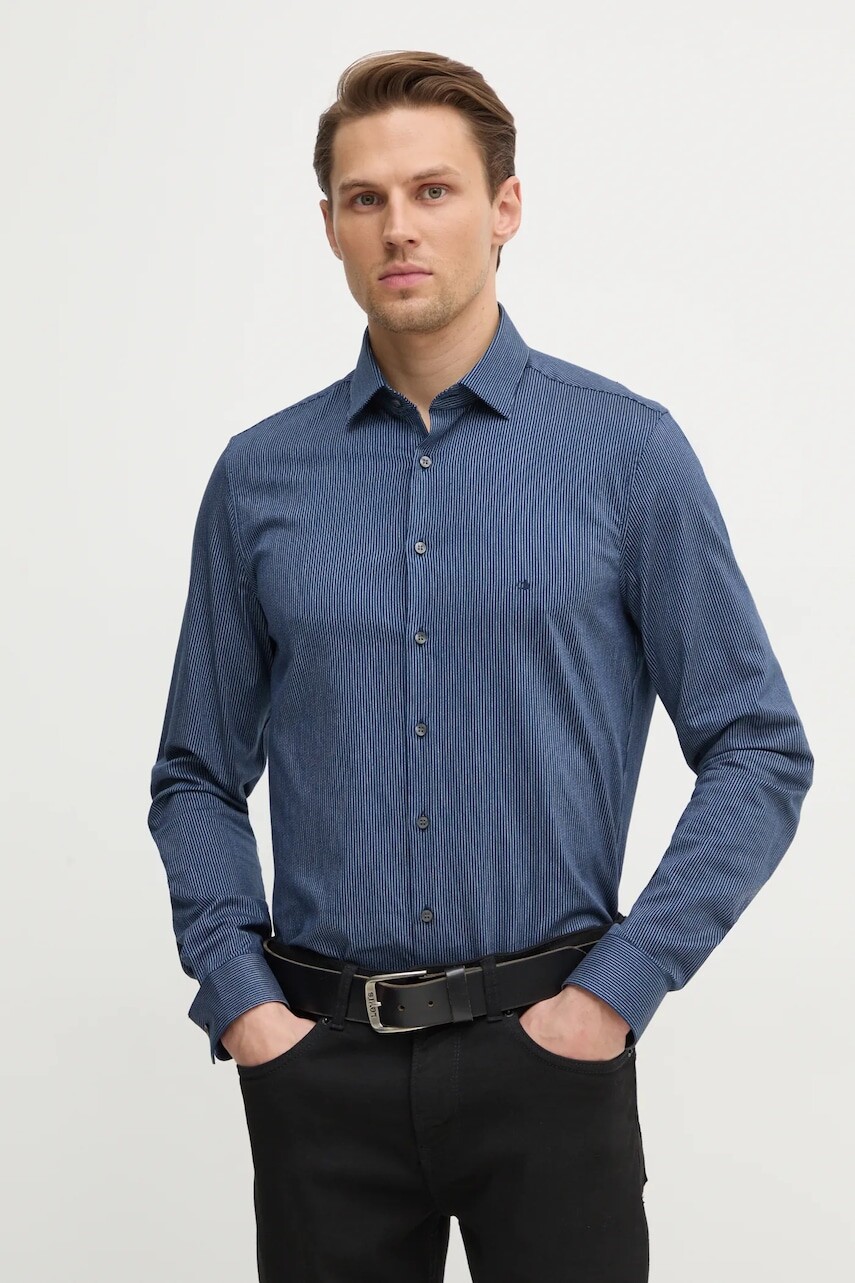 Košeľa Calvin Klein pánska, tmavomodrá farba, slim, s klasickým golierom, K10K113844