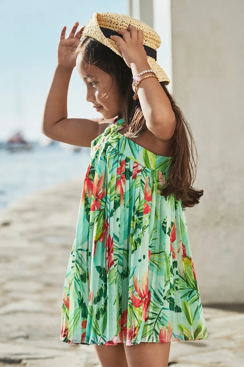 Dievčenské šaty Mayoral zelená farba, mini, áčkový strih, 3934