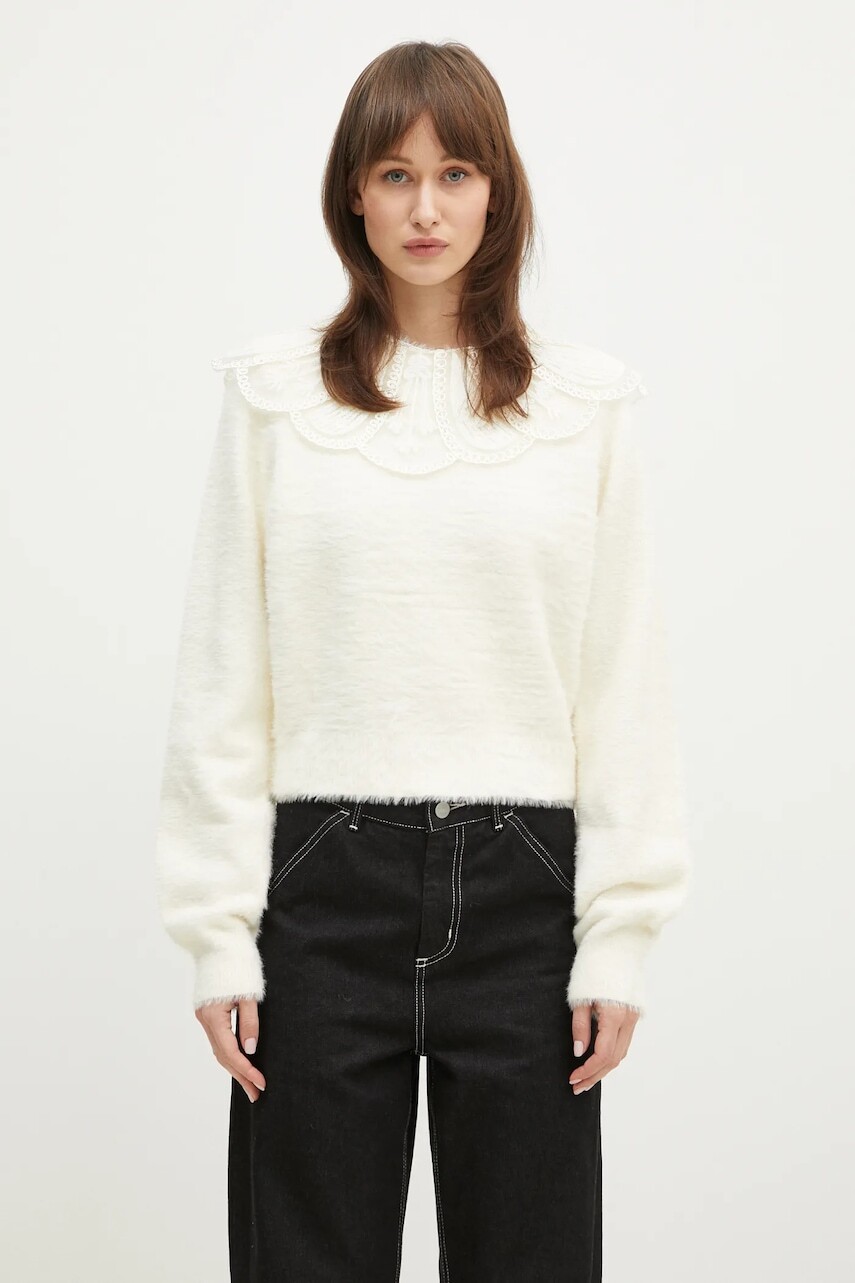 Sveter Rotate Lace Collar Knit dámsky, béžová farba, 113212269