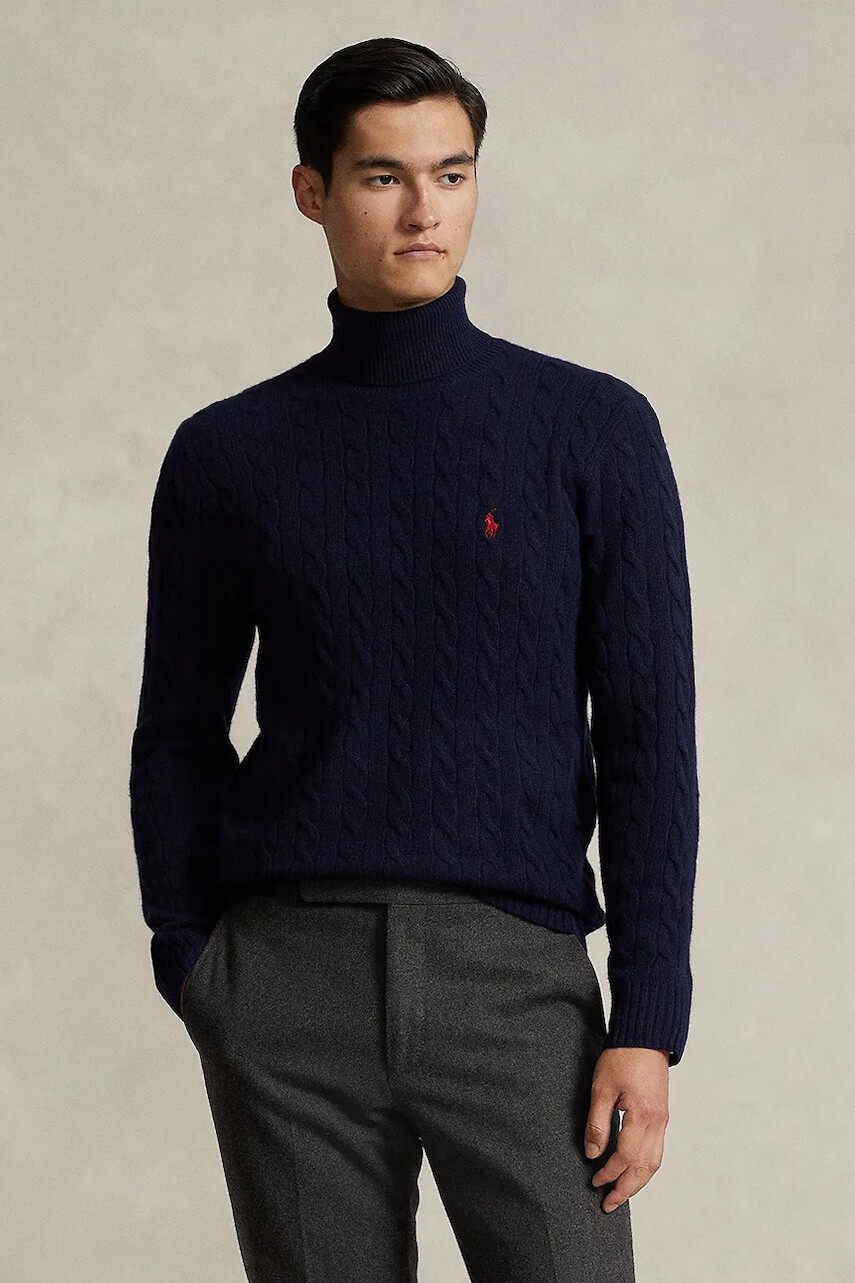 Vlnený sveter Polo Ralph Lauren tmavomodrá farba, ľahký, s rolákom, 710876836