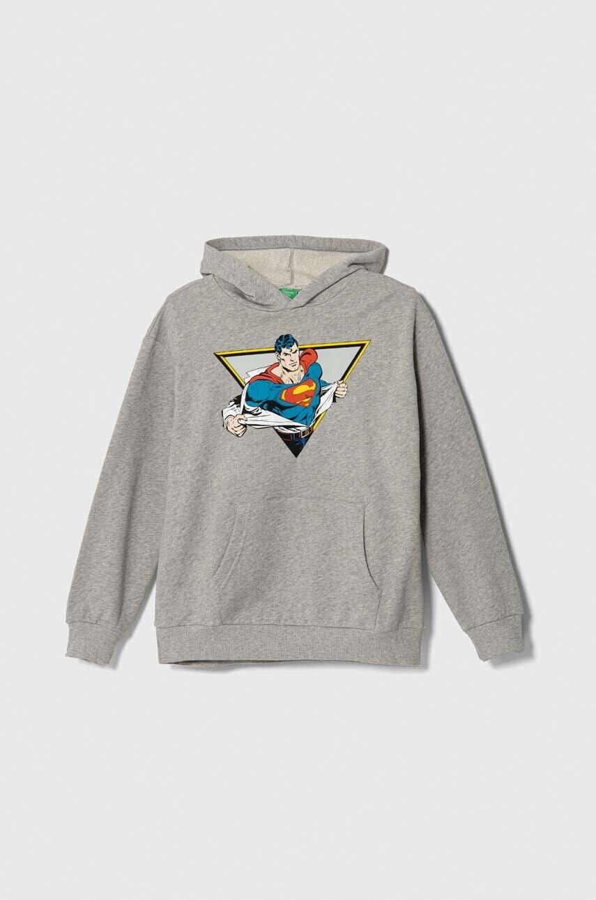 Detská bavlnená mikina United Colors of Benetton x DC šedá farba, s kapucňou, s potlačou