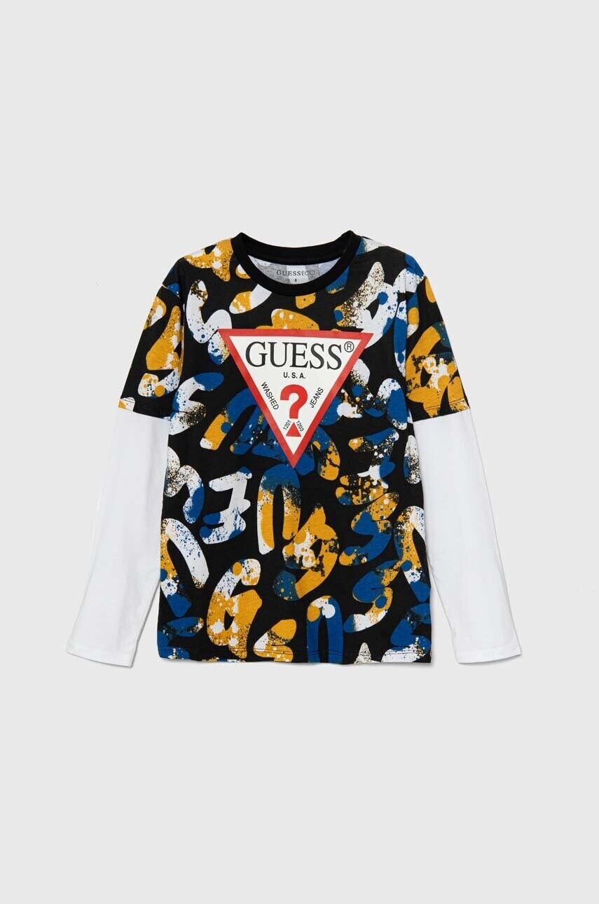 Detská bavlnená košeľa s dlhým rukávom Guess tmavomodrá farba, vzorovaná, L4YI05 K8HM3